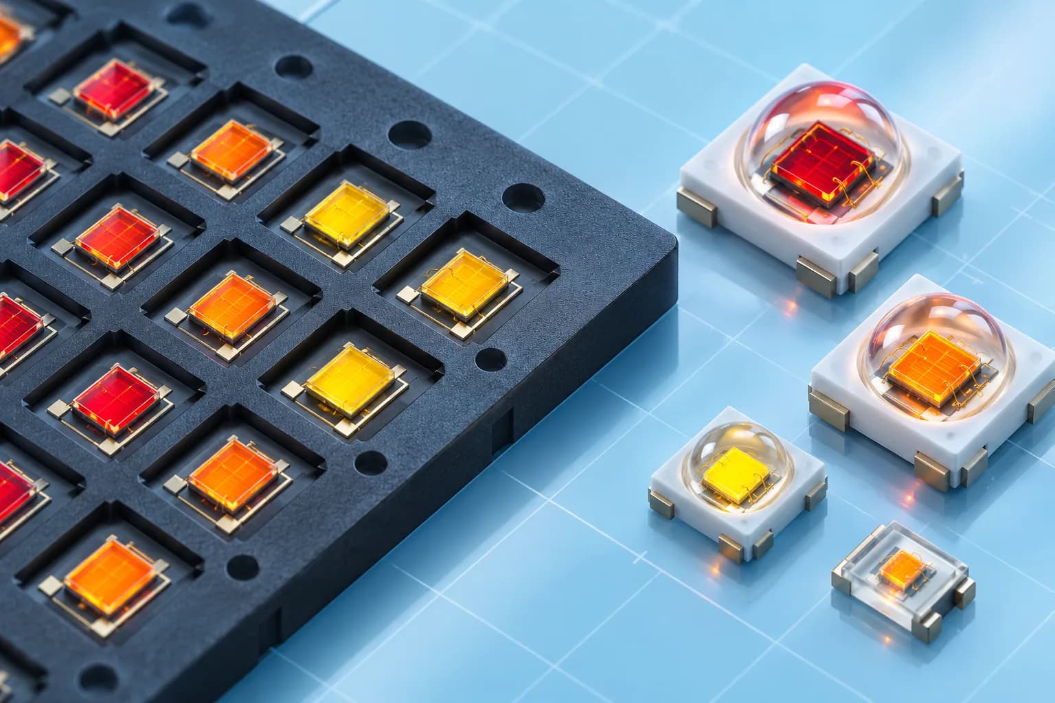 Original visualization of red, orange and yellow LED dies and packages